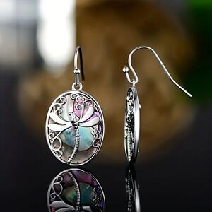 Vtg Style Oval Carved Silvertone Dragonfly Decorative Drop Dangle Earrings Boho